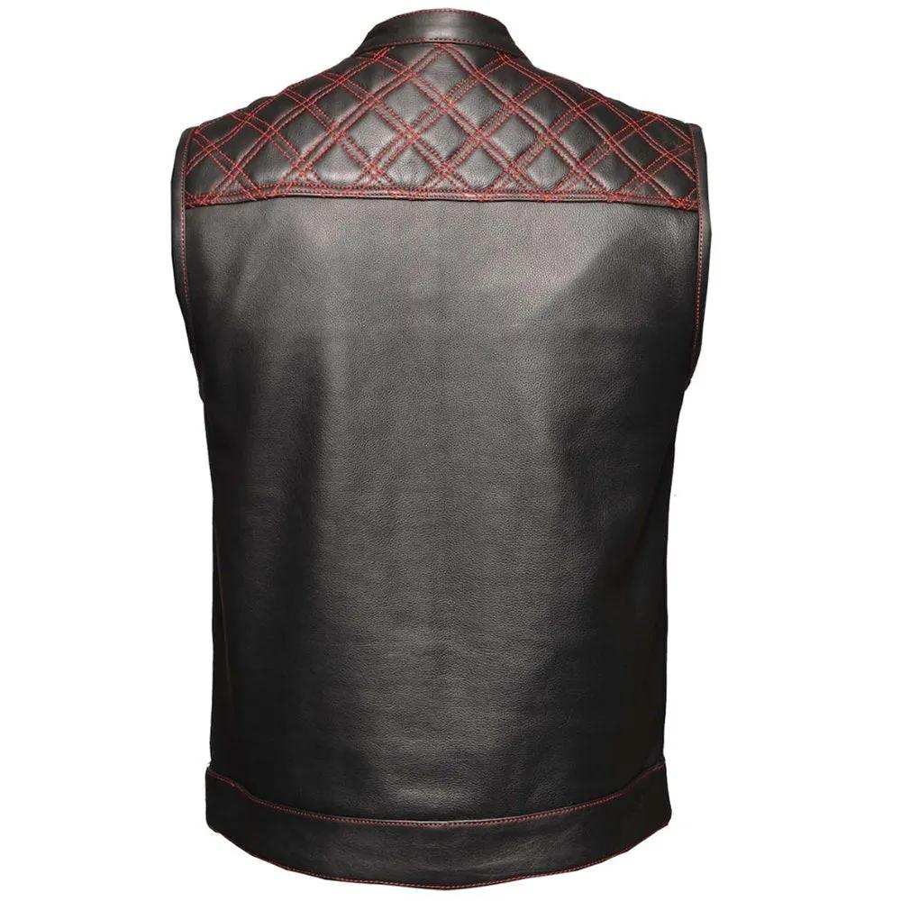 Red Diamond - Mens Premium Leather Diamond Stitch Club Vest - Unik Just for Bikers - Flyclothing LLC