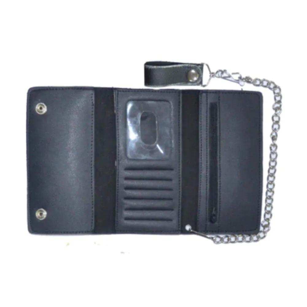 Black Trifold Snap Closure Leather Wallet - Unik Just for Bikers - Flyclothing LLC