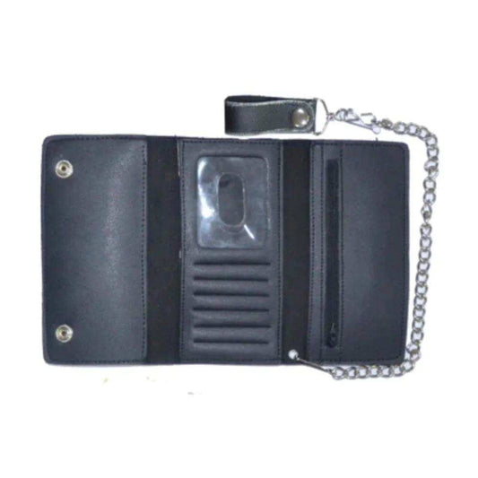 Black Trifold Snap Closure Leather Wallet - Unik Just for Bikers - Flyclothing LLC