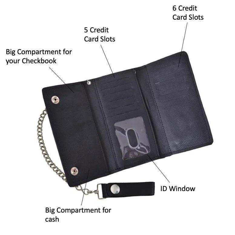Brown Trifold Snap Closure Biker Long Chain Wallet - Unik Just for Bikers - Flyclothing LLC