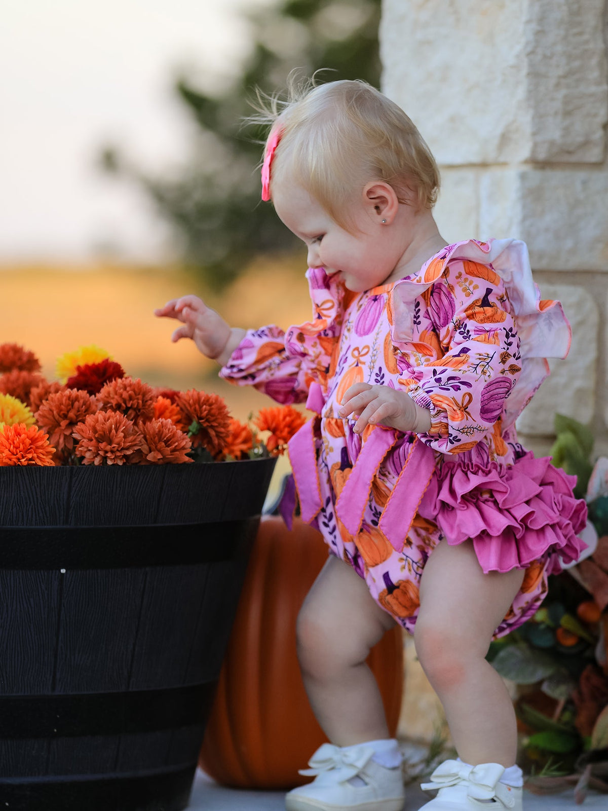 Halloween Thanksgiving Pumpkin Girls Romper with Ruffle Bow - Rylee Faith Designs - Flyclothing LLC