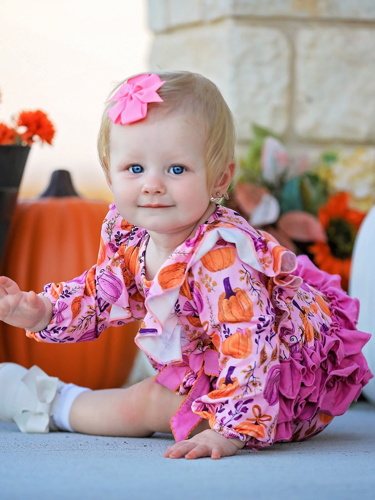 Halloween Thanksgiving Pumpkin Girls Romper with Ruffle Bow - Rylee Faith Designs - Flyclothing LLC