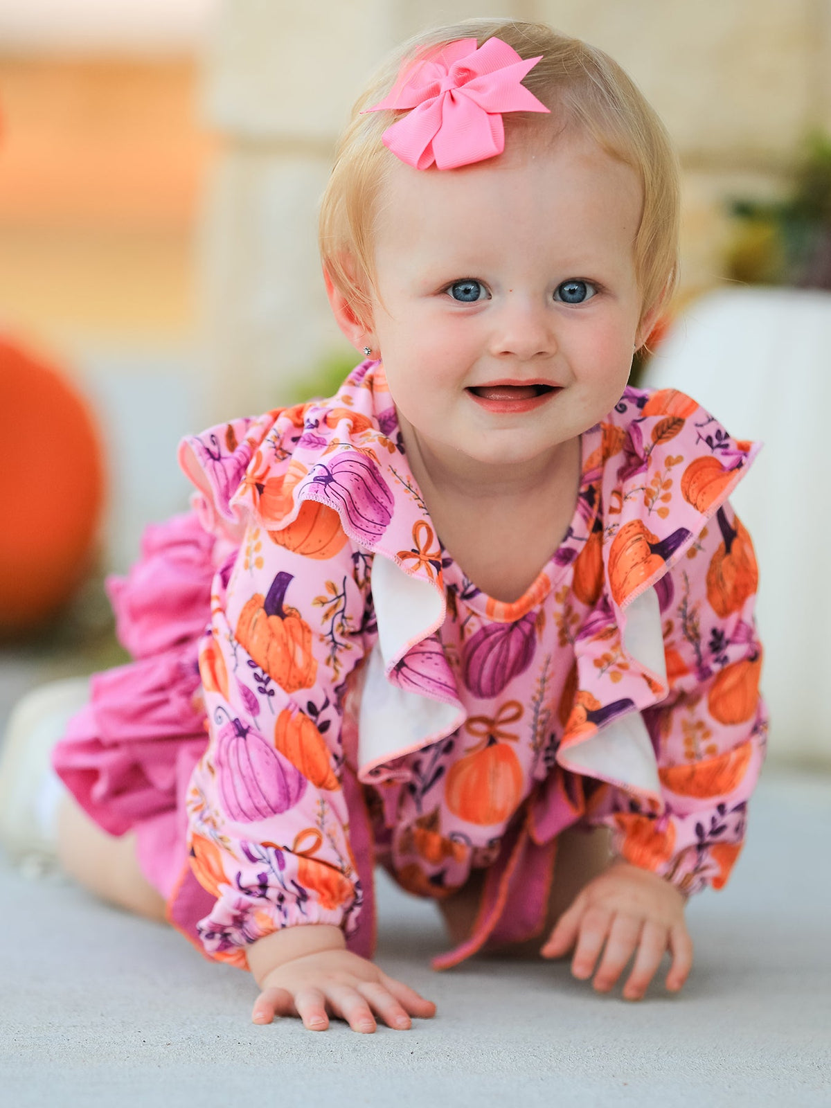 Halloween Thanksgiving Pumpkin Girls Romper with Ruffle Bow - Rylee Faith Designs - Flyclothing LLC