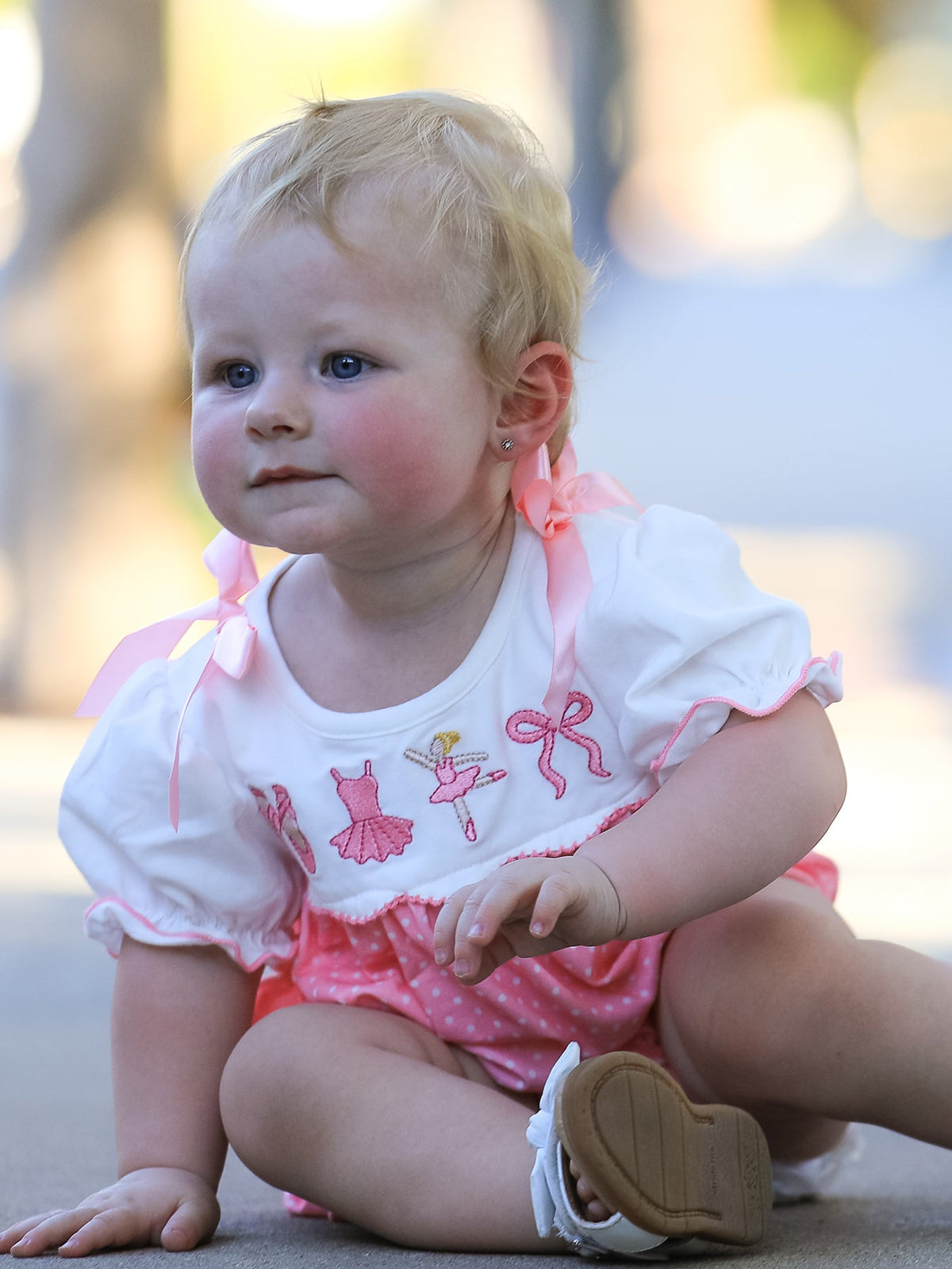 Fall Pink Ballet Embroidery Bow Bubble Romper - Rylee Faith Designs - Flyclothing LLC