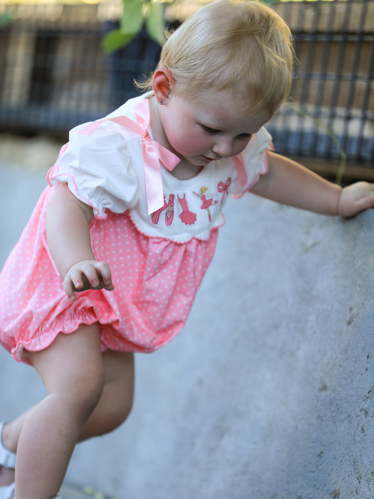 Fall Pink Ballet Embroidery Bow Bubble Romper - Rylee Faith Designs - Flyclothing LLC