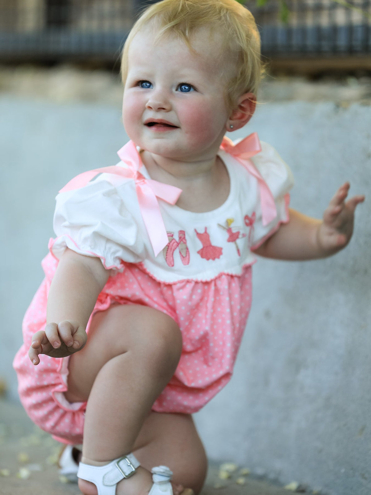 Fall Pink Ballet Embroidery Bow Bubble Romper - Rylee Faith Designs - Flyclothing LLC