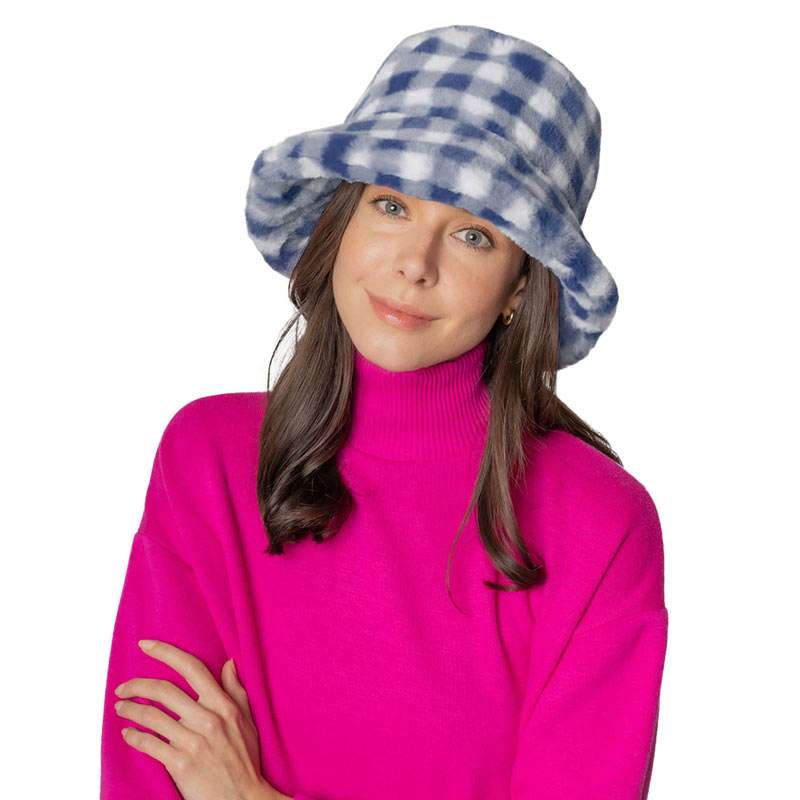 Checkered Faux Fur Bucket Hat - Madeline Love - Flyclothing LLC