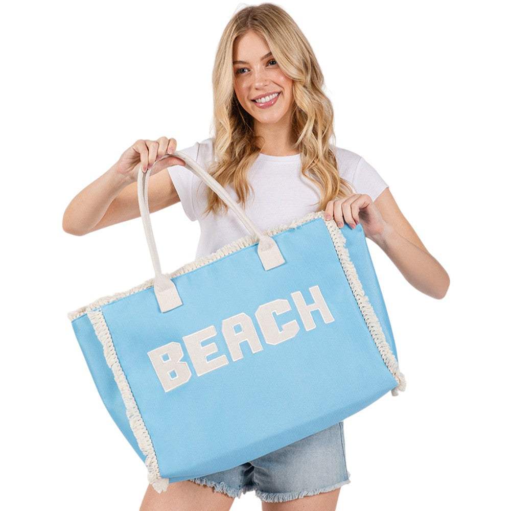 BEACH Message Embroidered Fringe Tote Bag / Beach Bag - Madeline Love - Flyclothing LLC