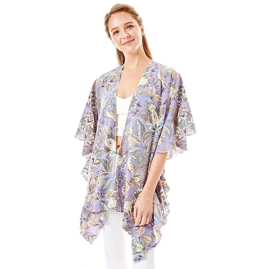 Floral Paisley Printed Ruffle Sleeves Cover Up Kimono Poncho - Madeline Love - Flyclothing LLC