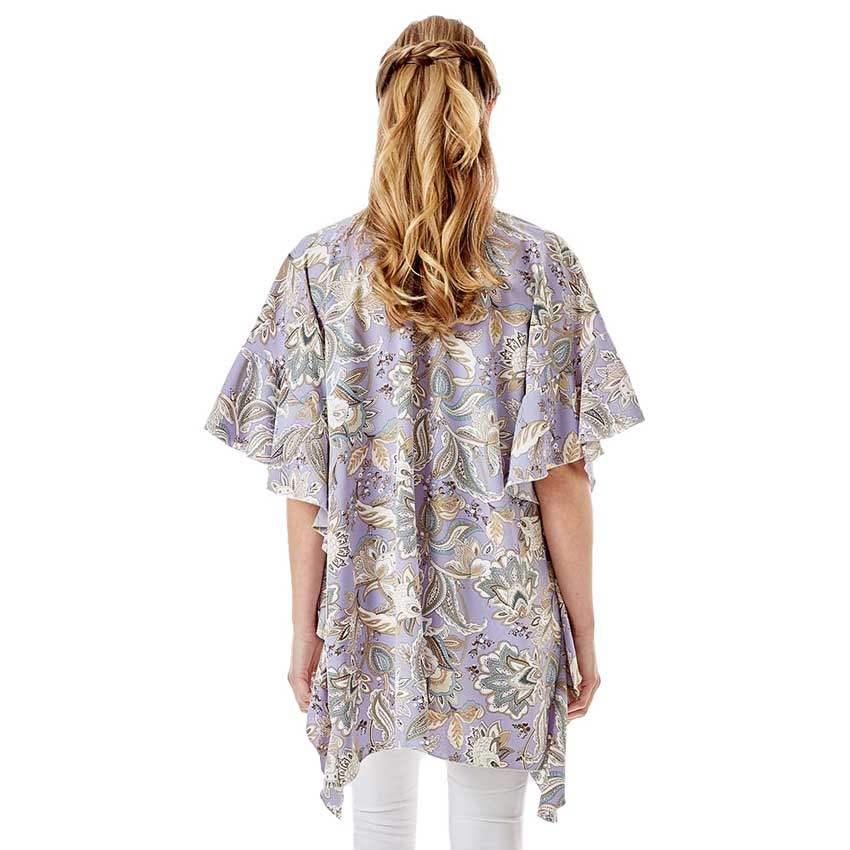 Floral Paisley Printed Ruffle Sleeves Cover Up Kimono Poncho - Madeline Love - Flyclothing LLC