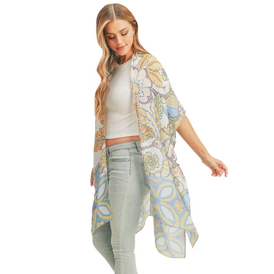 Flower Leaf Print Cover Up Kimono Poncho - Madeline Love - Flyclothing LLC