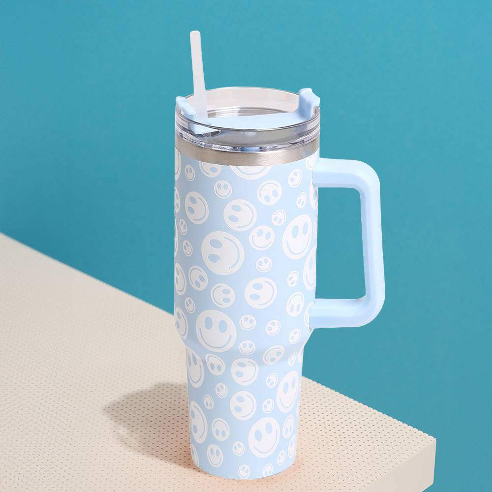 Happy Face Printed 40oz Stainless Steel Tumbler With Handle - Madeline Love - Flyclothing LLC