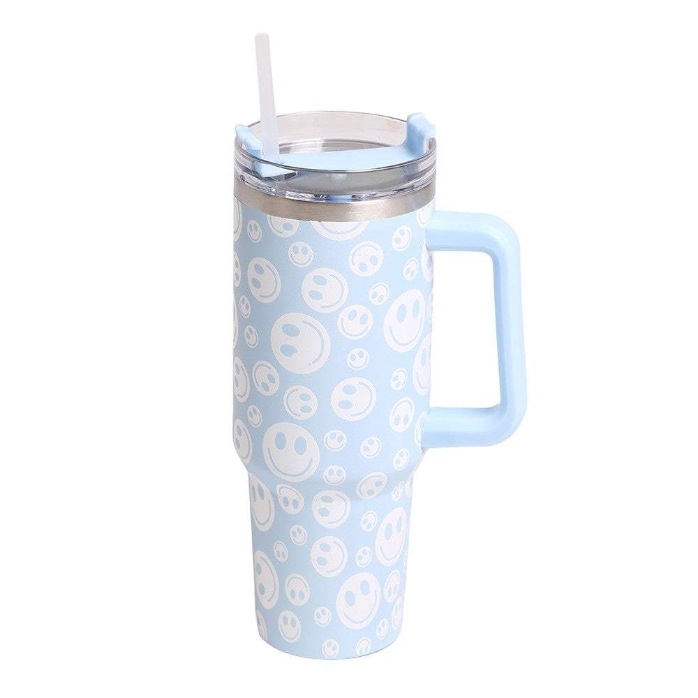 Happy Face Printed 40oz Stainless Steel Tumbler With Handle - Madeline Love - Flyclothing LLC