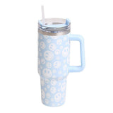 Happy Face Printed 40oz Stainless Steel Tumbler With Handle - Madeline Love - Flyclothing LLC