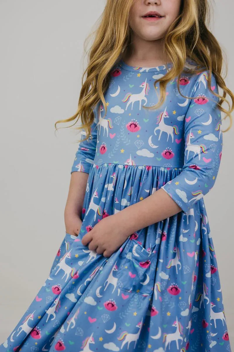 Blue Moon 3/4 Sleeve Pocket Twirl Dress - Mila & Rose ® - Flyclothing LLC