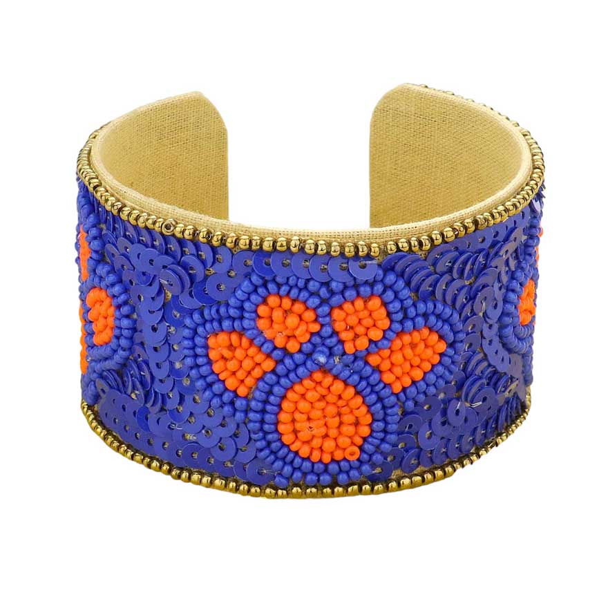 Game Day Sequin Seed Beaded Paw Accented Cuff Bracelet - Madeline Love - Flyclothing LLC