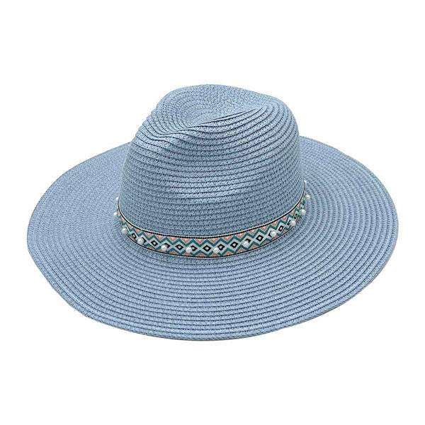Pearl Embellished Aztec Band Panama Sun Hat - Madeline Love - Flyclothing LLC