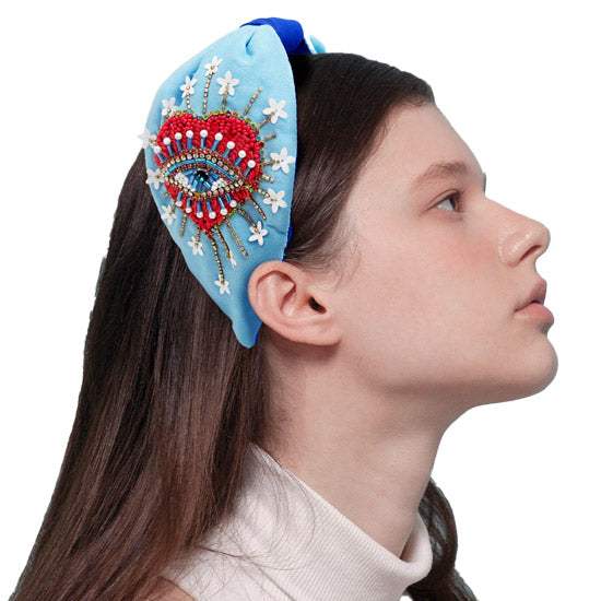 Pearl Sequin Bead Evil Eye Heart Knot Burnout Headband - Madeline Love - Flyclothing LLC