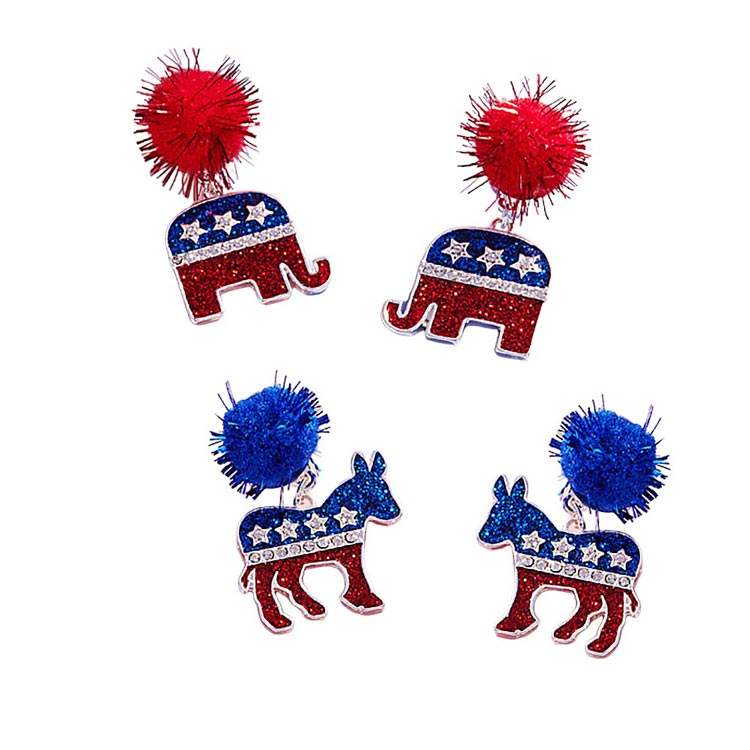 Pom Pom Glittered Enamel Democrat Donkey Dangle Earrings - Madeline Love - Flyclothing LLC