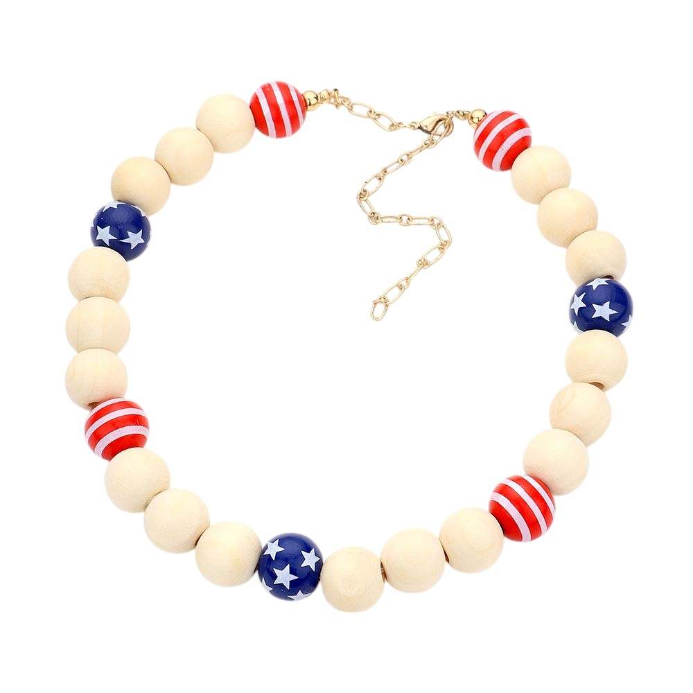 American USA Flag Wood Ball Collar Necklace - Madeline Love - Flyclothing LLC