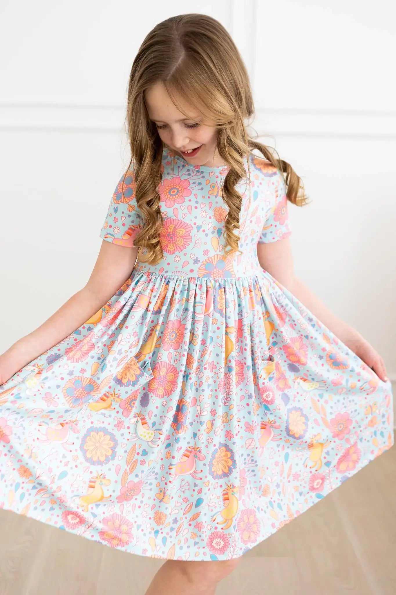 SALE Blue Retro Unicorns S/S Pocket Twirl Dress - Mila & Rose ® - Flyclothing LLC