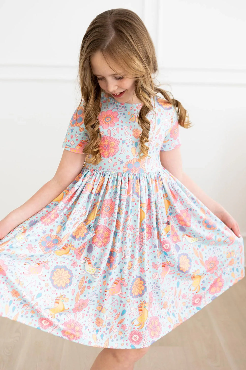 Blue Retro Unicorns S/S Pocket Twirl Dress - Mila & Rose ® - Flyclothing LLC