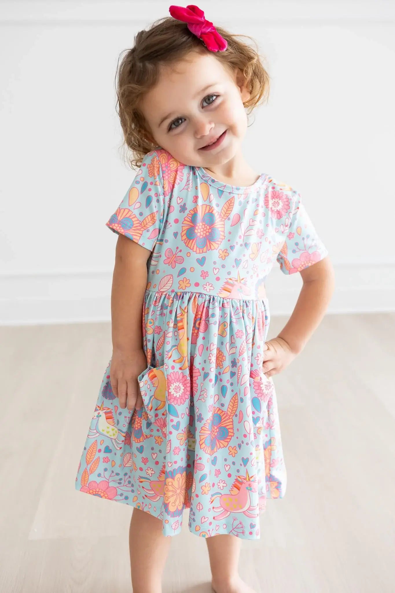 SALE Blue Retro Unicorns S/S Pocket Twirl Dress - Mila & Rose ® - Flyclothing LLC