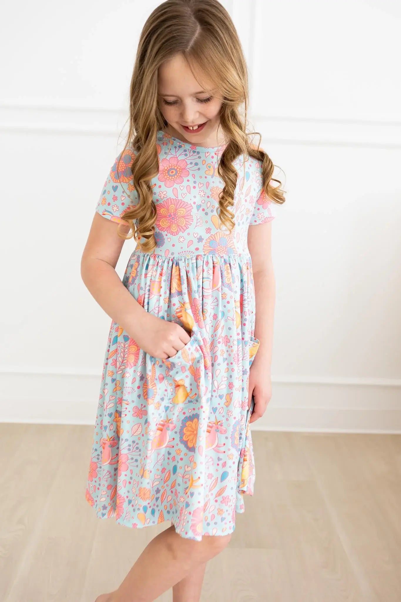 SALE Blue Retro Unicorns S/S Pocket Twirl Dress - Mila & Rose ® - Flyclothing LLC