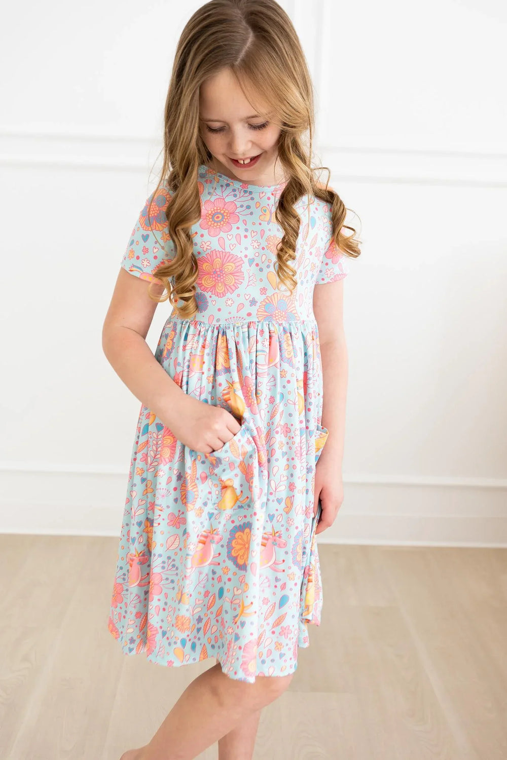 Blue Retro Unicorns S/S Pocket Twirl Dress - Mila & Rose ® - Flyclothing LLC