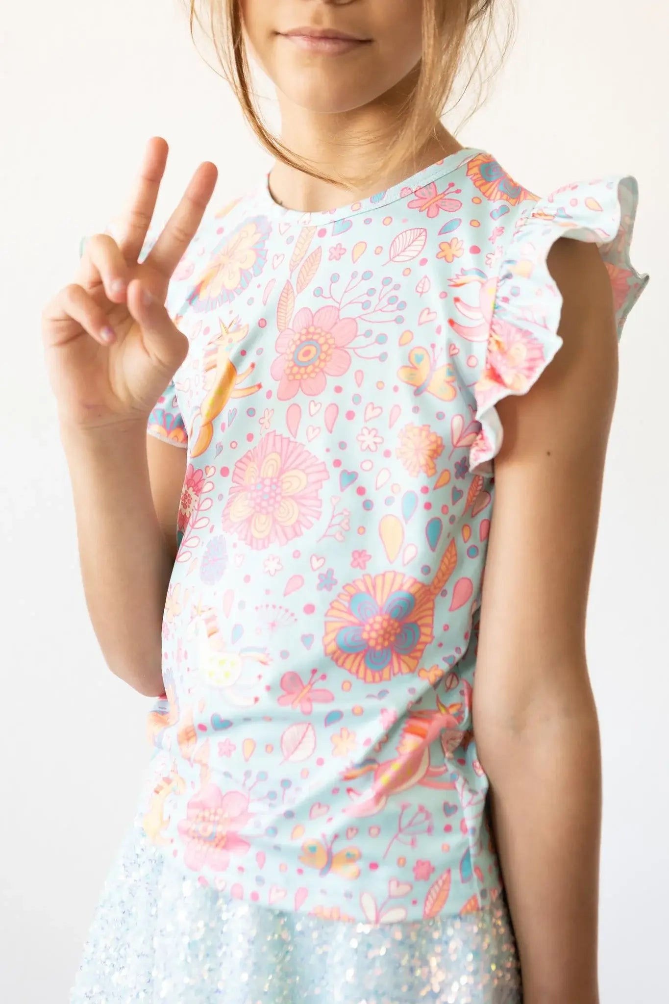 SALE Blue Retro Unicorns S/S Ruffle Tee - Mila & Rose ® - Flyclothing LLC