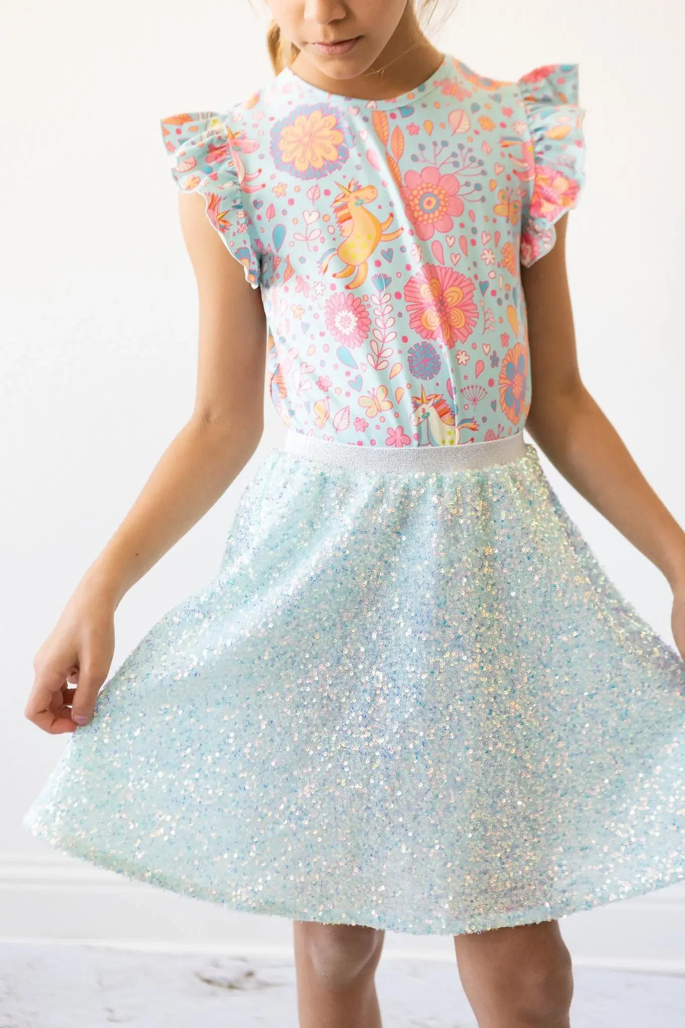SALE Blue Retro Unicorns S/S Ruffle Tee - Mila & Rose ® - Flyclothing LLC