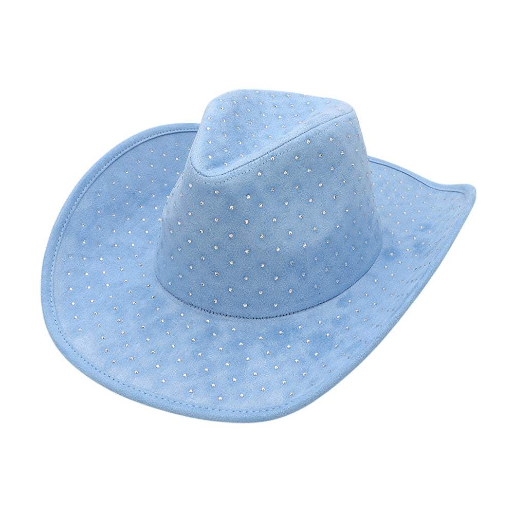 Rhinestone Embellished Faux Suede Western Cowboy Fedora Hat - Madeline Love - Flyclothing LLC