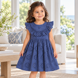 Girls' Eyelet Ruffle Dress - Cotton Blue Embroidered - Tesa Babe - Flyclothing LLC