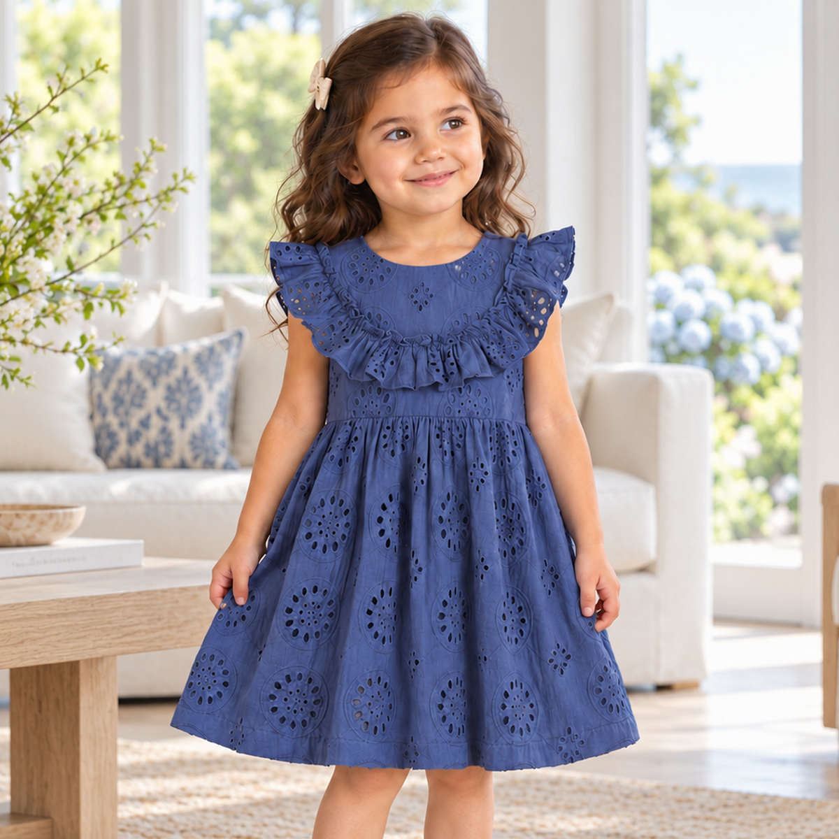 Girls' Eyelet Ruffle Dress - Cotton Blue Embroidered - Tesa Babe - Flyclothing LLC