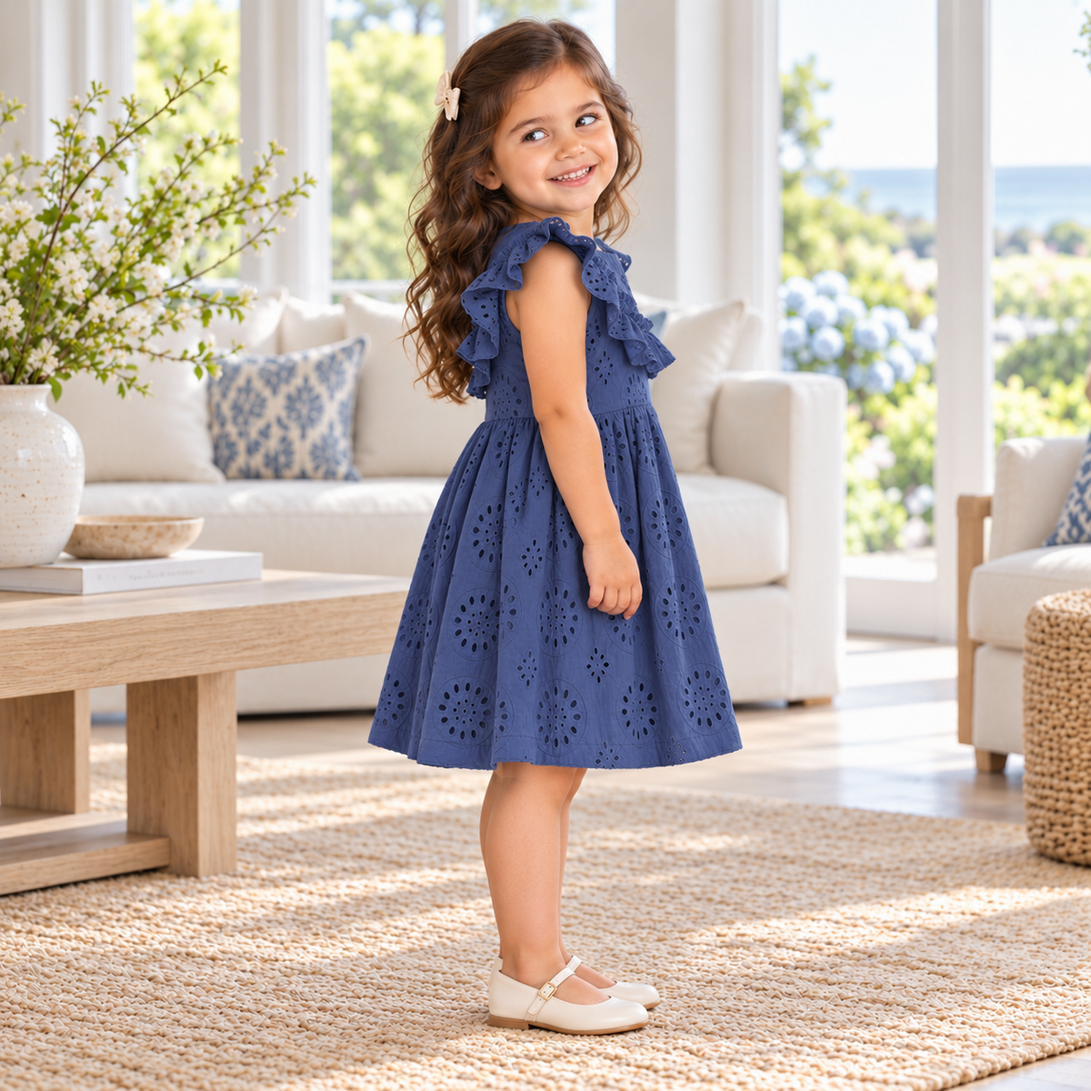 Girls' Eyelet Ruffle Dress - Cotton Blue Embroidered - Tesa Babe - Flyclothing LLC
