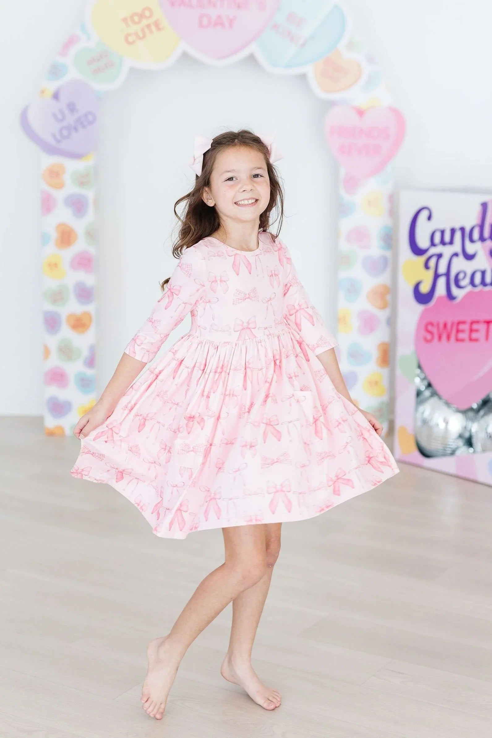 Blushing Bows 3/4 Sleeve Pocket Twirl Dress - Mila & Rose ® - Flyclothing LLC