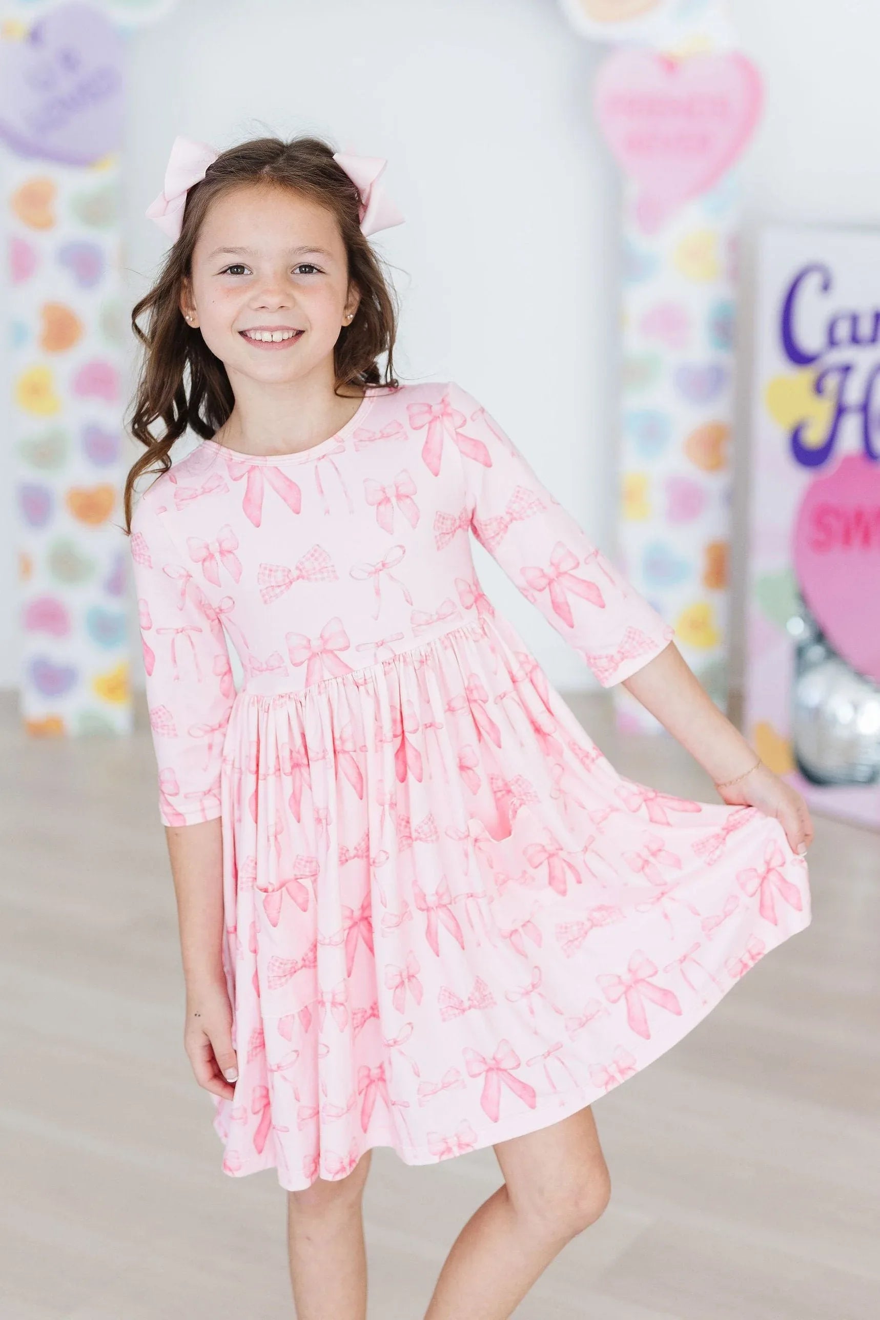 Blushing Bows 3/4 Sleeve Pocket Twirl Dress - Mila & Rose ® - Flyclothing LLC