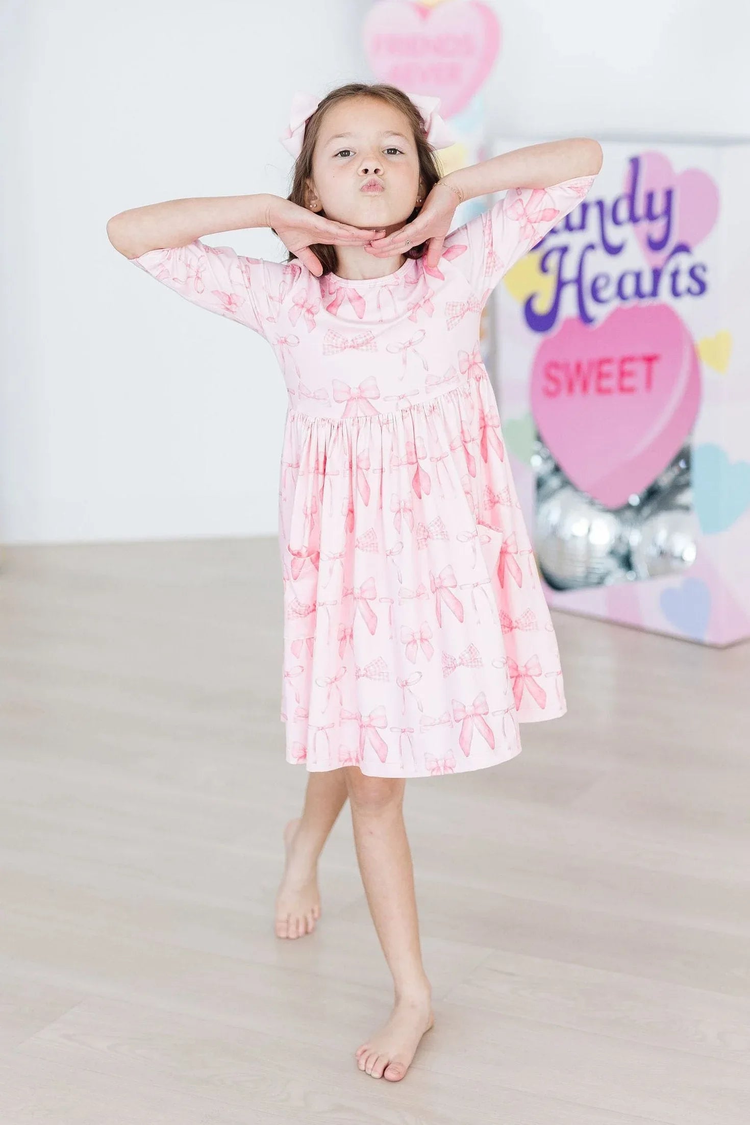 Blushing Bows 3/4 Sleeve Pocket Twirl Dress - Mila & Rose ® - Flyclothing LLC