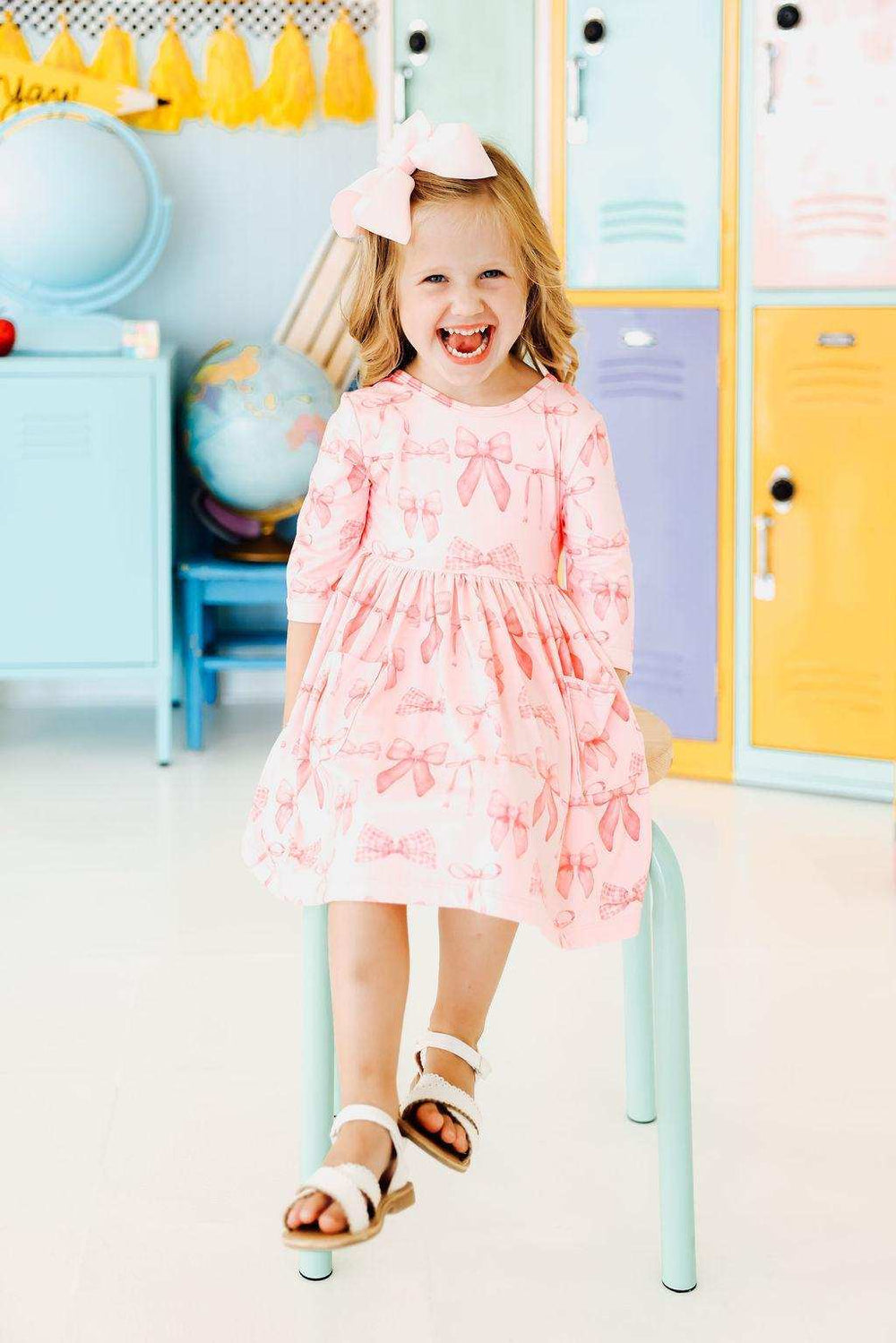 Blushing Bows 3/4 Sleeve Pocket Twirl Dress - Mila & Rose ® - Flyclothing LLC