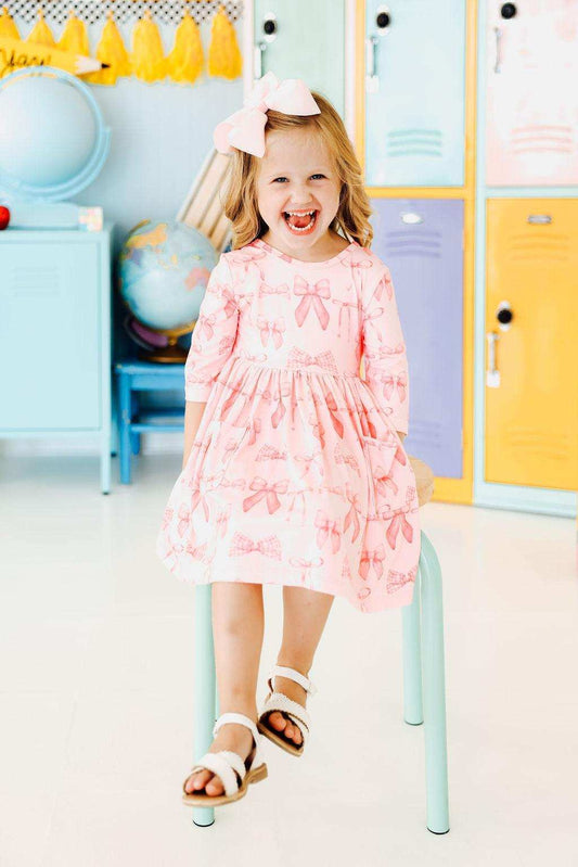 Blushing Bows 3/4 Sleeve Pocket Twirl Dress - Mila & Rose ® - Flyclothing LLC