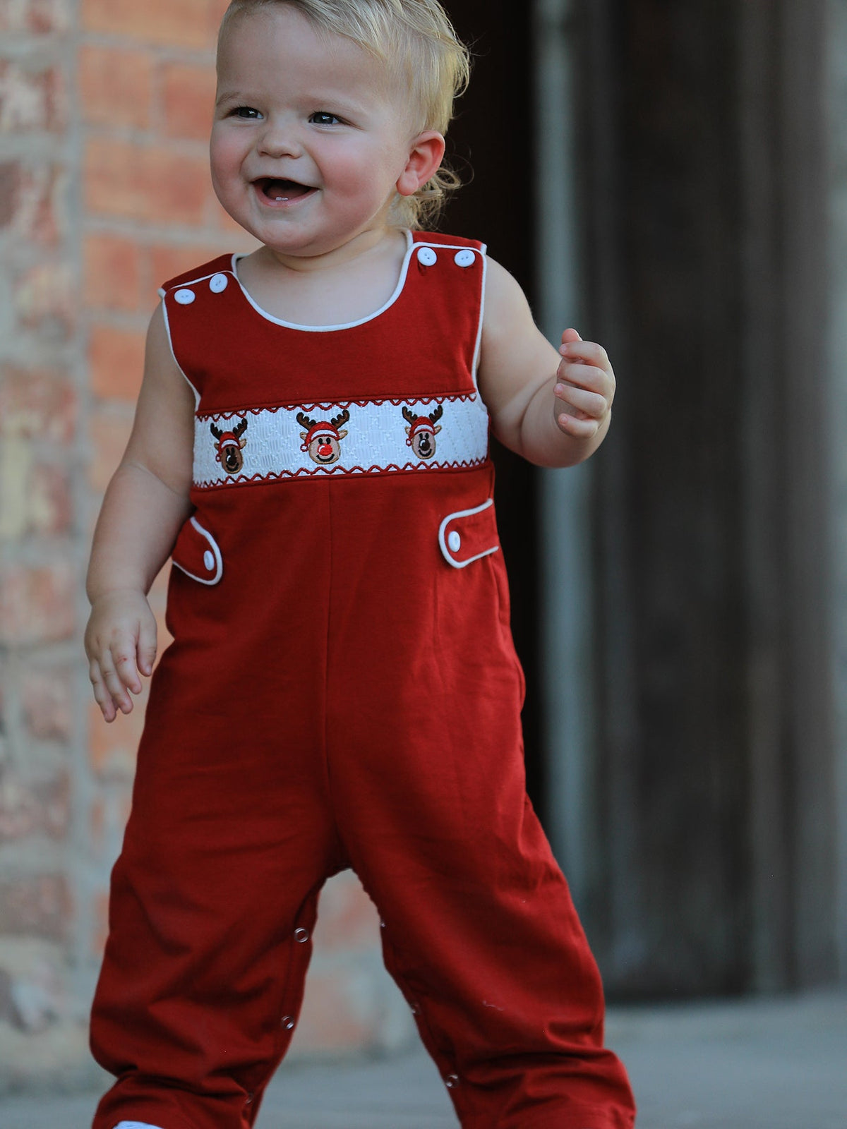 Baby Boys Christmas Reindeer Smocked Red Jonjon - Rylee Faith Designs - Flyclothing LLC