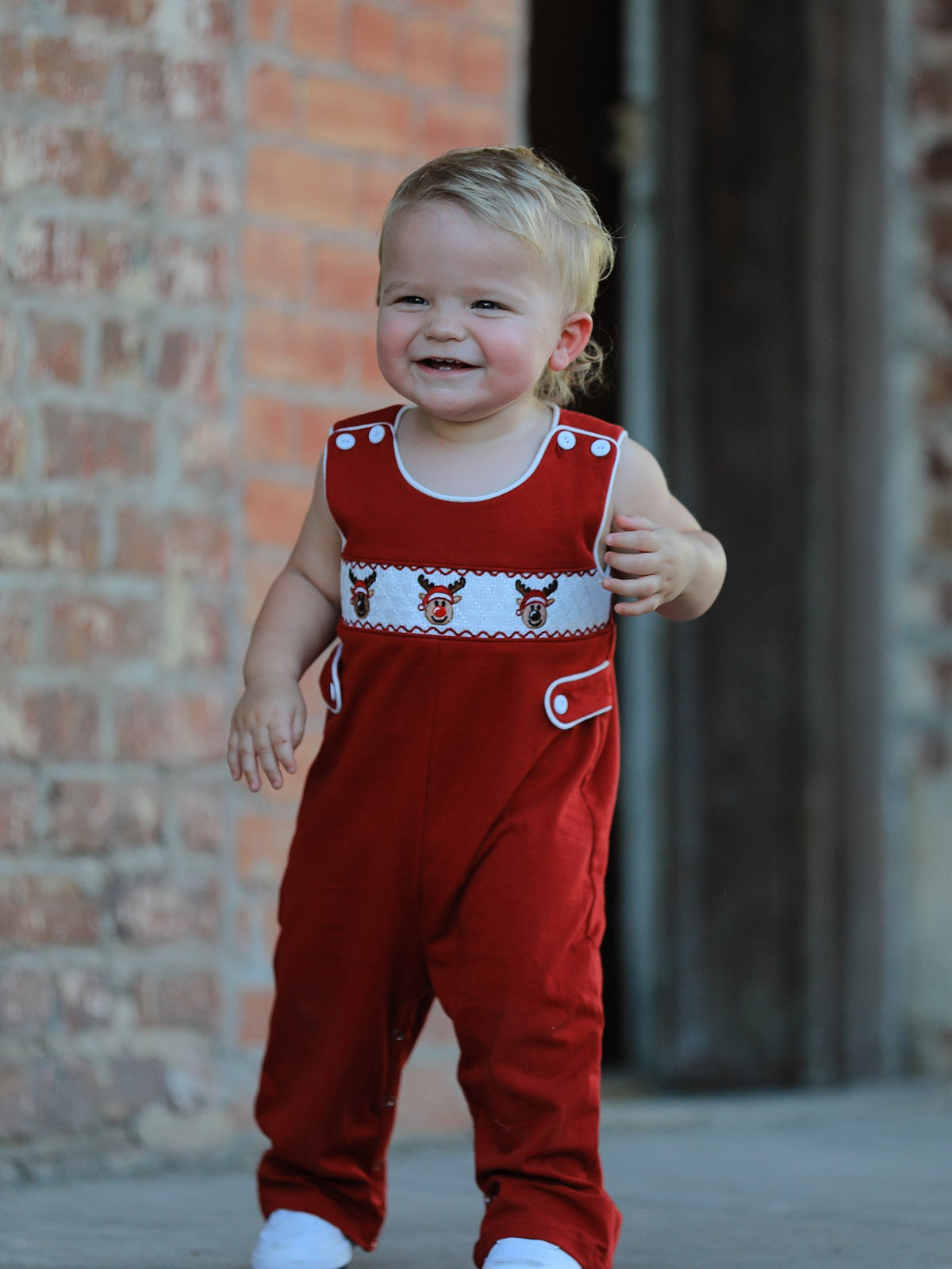 Baby Boys Christmas Reindeer Smocked Red Jonjon - Rylee Faith Designs - Flyclothing LLC