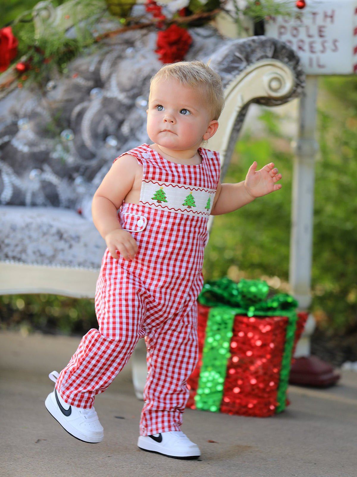 Christmas Smocking Embroidered Christmas Tree Plaid Plaid Baby Boy Romper - Rylee Faith Designs - Flyclothing LLC