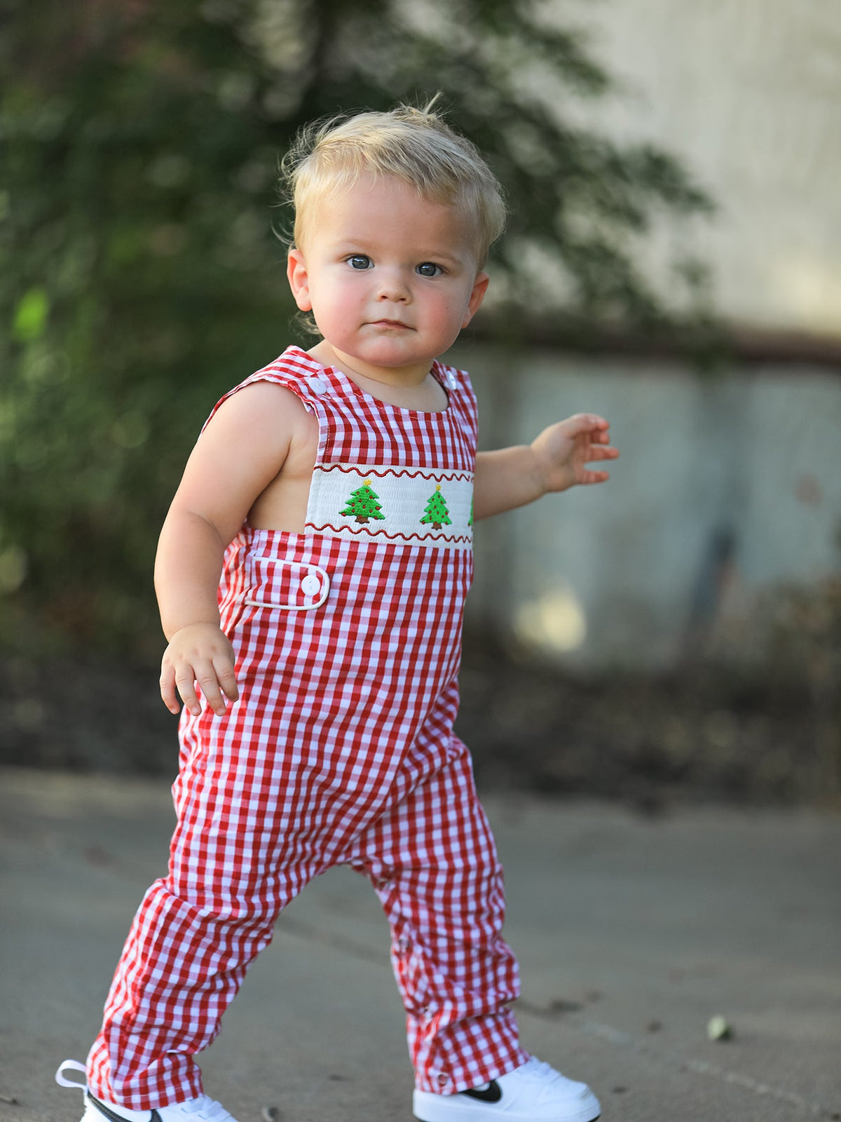 Christmas Smocking Embroidered Christmas Tree Plaid Plaid Baby Boy Romper - Rylee Faith Designs - Flyclothing LLC