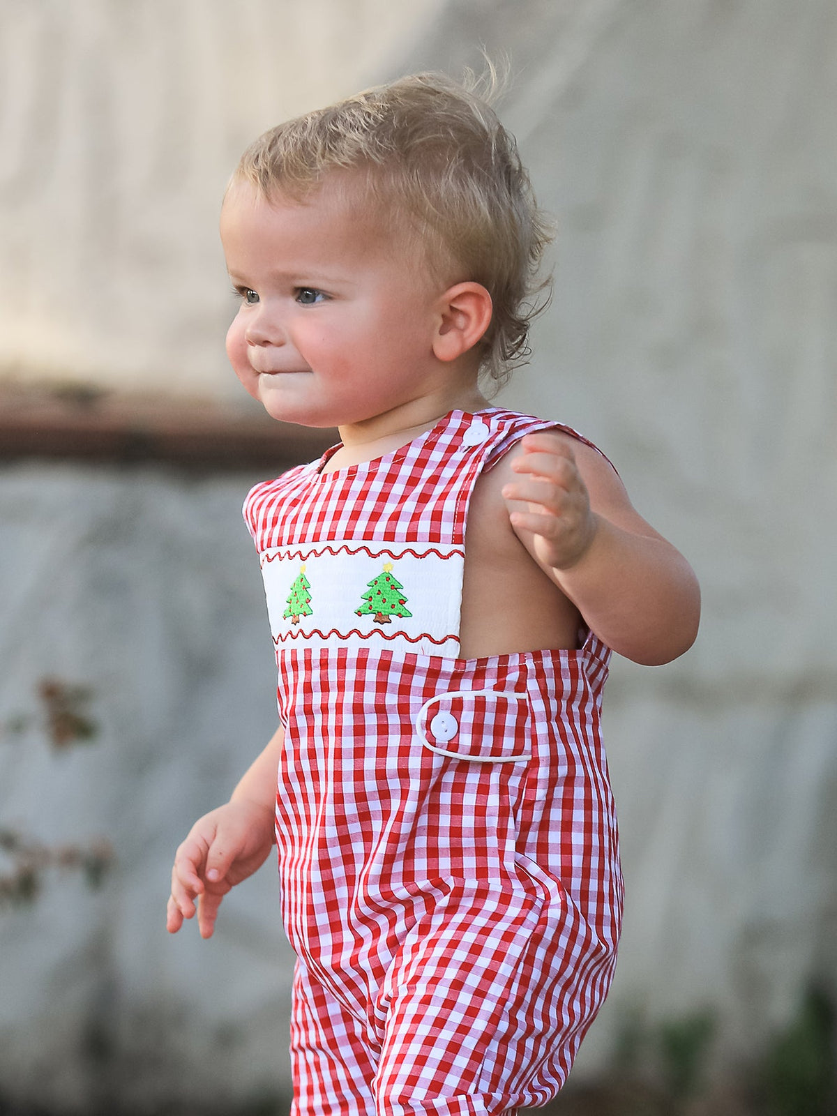 Christmas Smocking Embroidered Christmas Tree Plaid Plaid Baby Boy Romper - Rylee Faith Designs - Flyclothing LLC