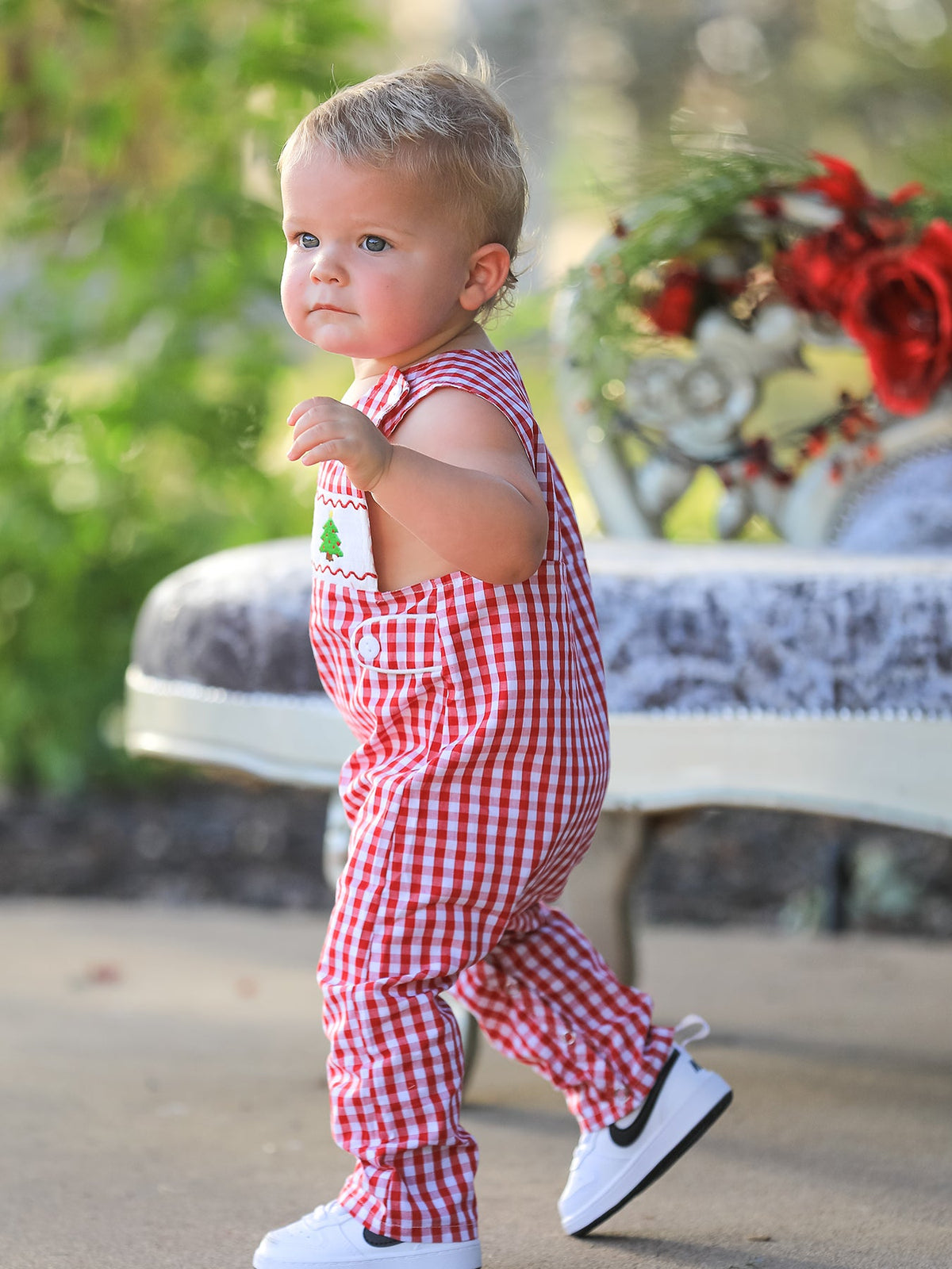 Christmas Smocking Embroidered Christmas Tree Plaid Plaid Baby Boy Romper - Rylee Faith Designs - Flyclothing LLC