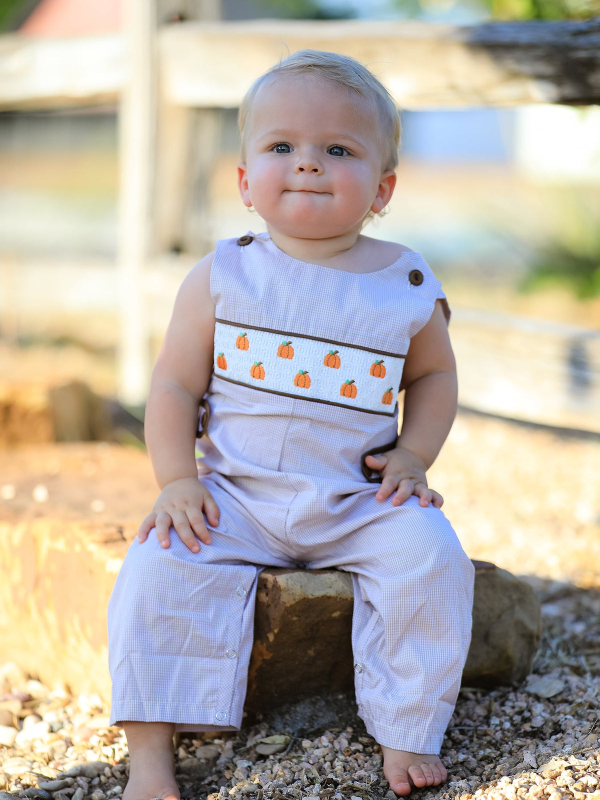 Fall Halloween & Thanksgiving Pumpkin Smock Embroidered Boys Romper - Rylee Faith Designs - Flyclothing LLC