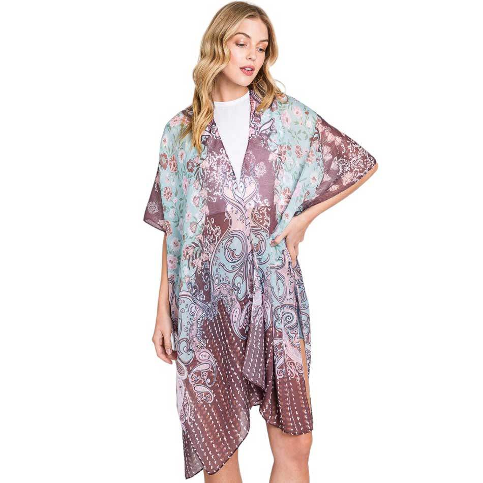 Abstract Paisley Flower Print Kimono Poncho - Madeline Love - Flyclothing LLC