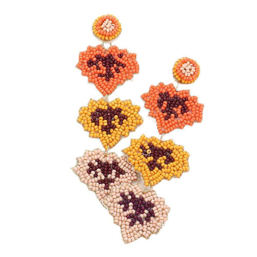 Felt Back Seed Beaded Triple Maple Leaf Link Dangle Earrings - Madeline Love - Flyclothing LLC