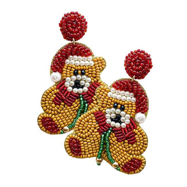 Felt Back Stone Beaded Christmas Santa Hat Bear Dangle Earrings - Madeline Love - Flyclothing LLC
